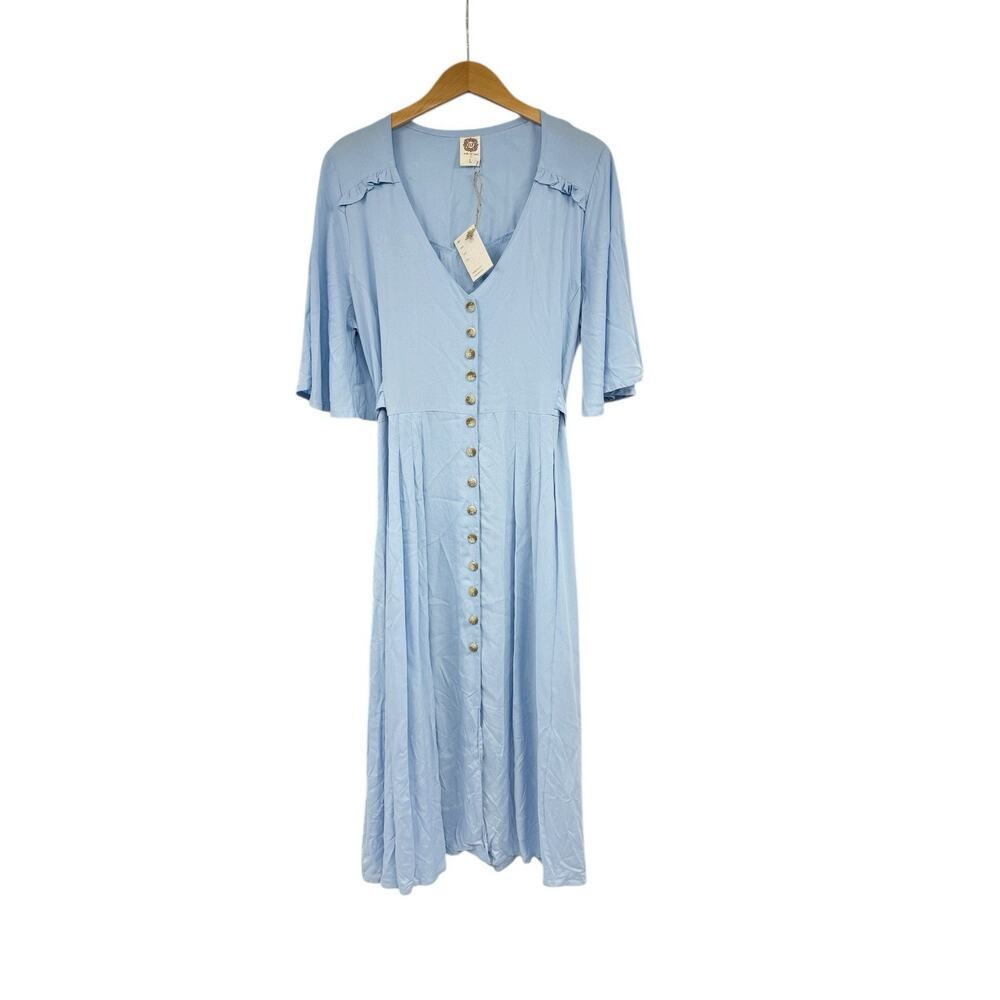 ELF Made by Hand in Bali Lola‎ Button Up Cottagecore Blue Midi Dress L New READ